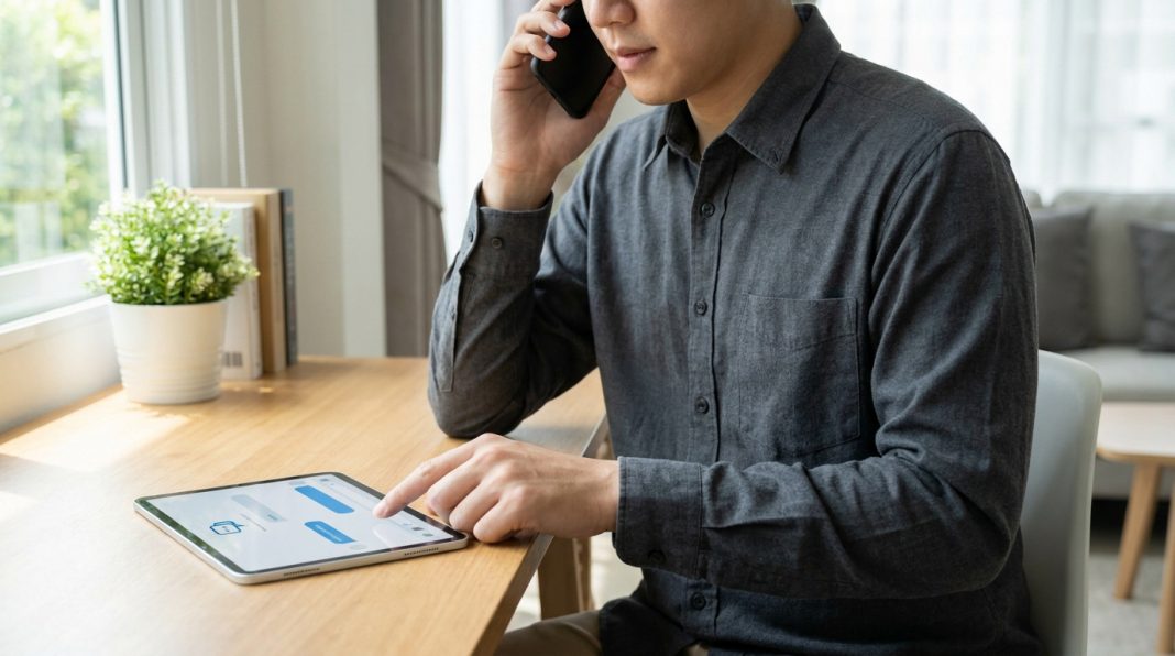 Un homme en chemise grise au téléphone utilise une tablette pour discuter avec le support client.